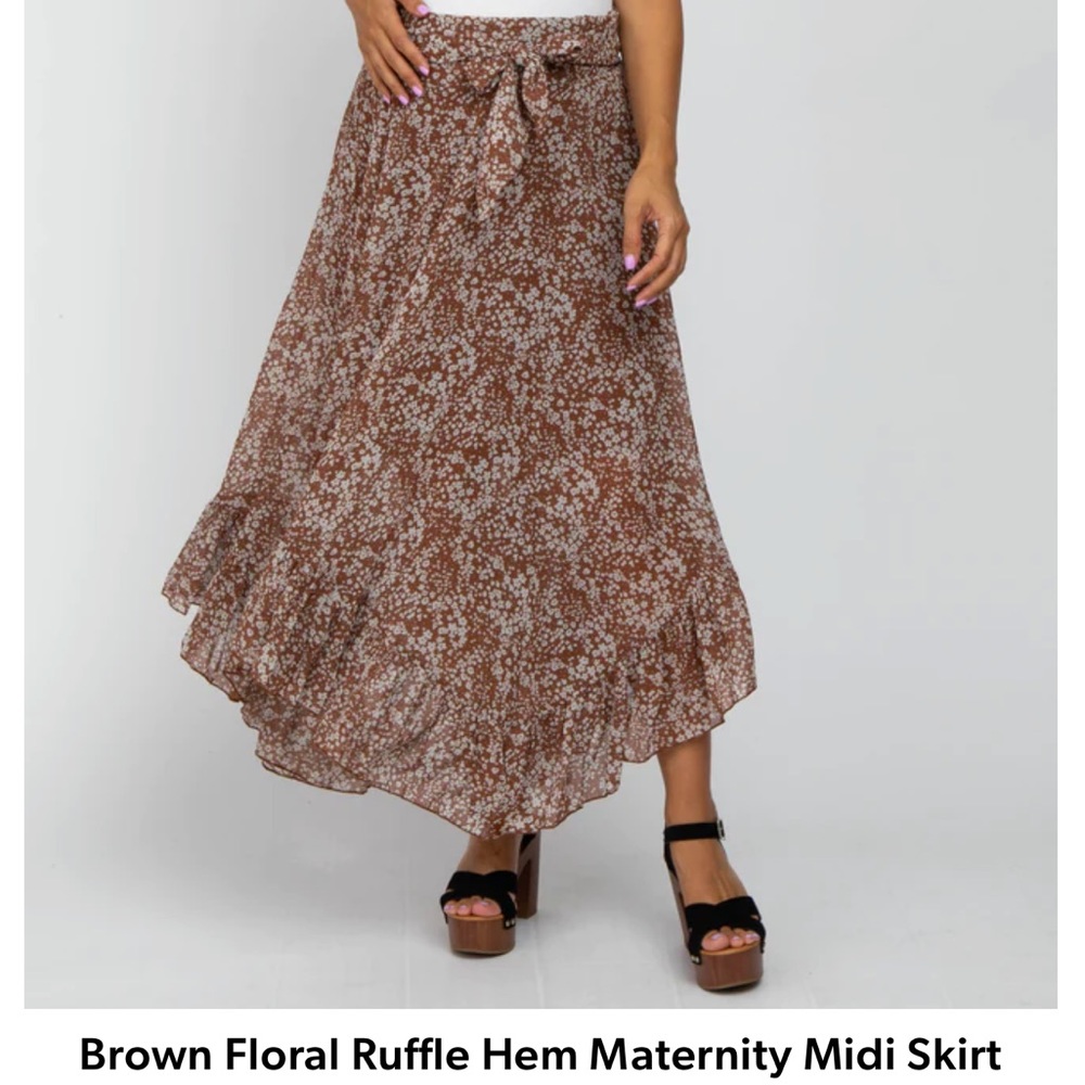Brown Floral Ruffle Hem Maternity Midi Skirt